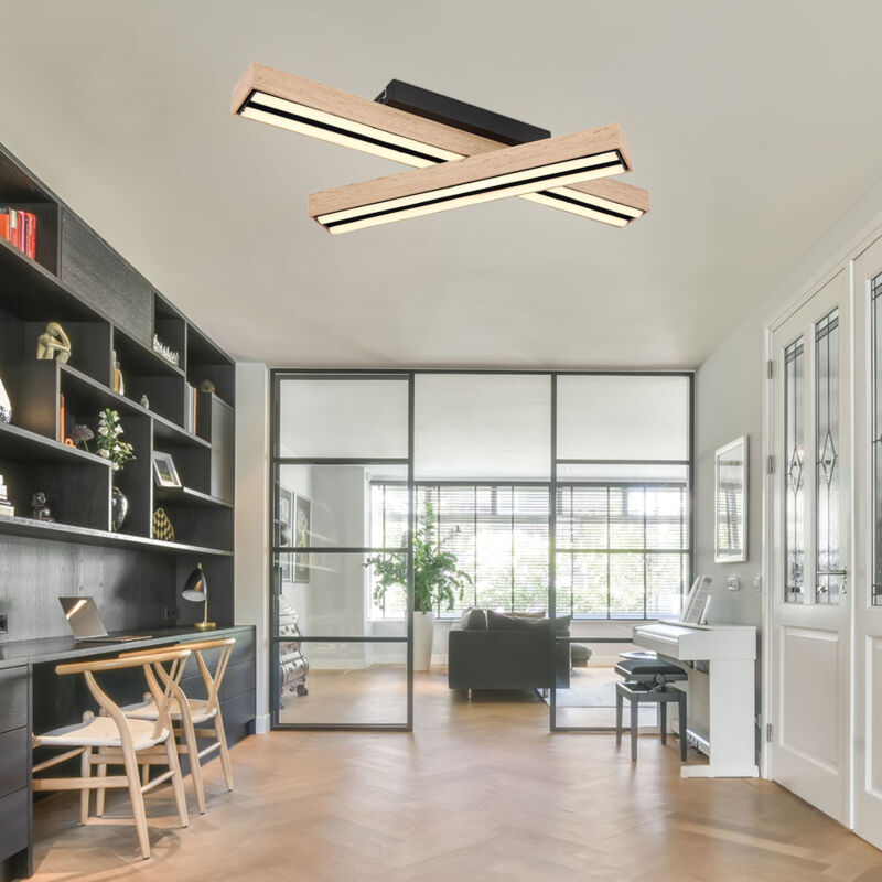 Lampe de salon Plafonnier dimmable sur 3 niveaux en bois Plafonnier led blanc chaud lumière en bois fonction mémoire, métal mdf noir naturel, 1x led