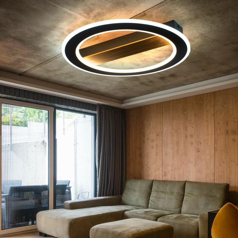 Lampe de salon plafonnier led anneau en bois plafonnier noir plafonnier chambre, métal, 1x led 30W 1781Lm 3000K + 6500K, DxH 45x5,5 cm
