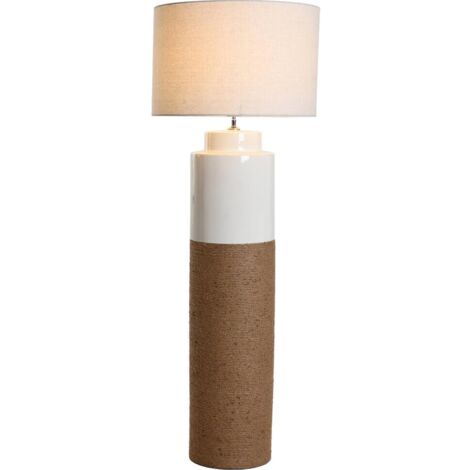 Lampe de sol en céramique et lin blanc brun style scandinave - Blanc céramique et marron lin naturel
