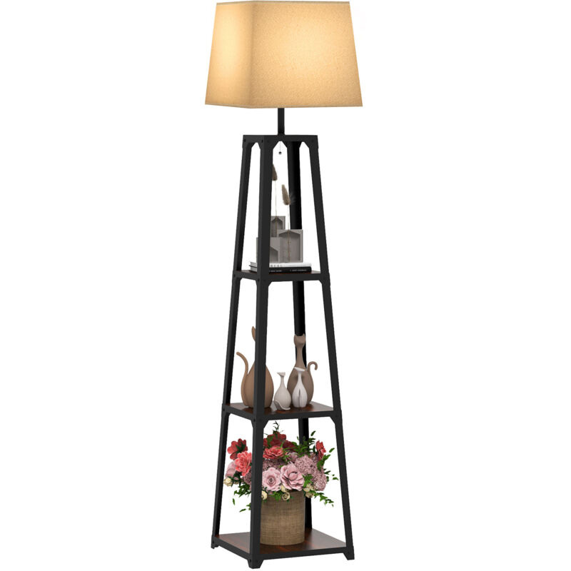 Lampe de Sol en Métal et MDF à 3 Niveaux avec Abat-Jour en Tissu, Ø42x166 cm, Noir et Beige