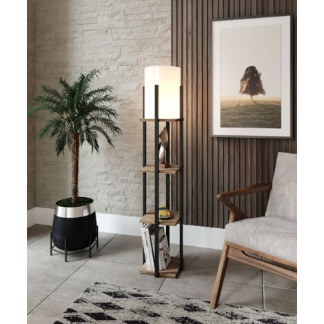 GREENICE Lampe de Sol en Tissu Bicolore Naturel et Noir - 21x21 cm, Hauteur Totale 135 cm, Type de Douille E27, pour Salon Scandinave