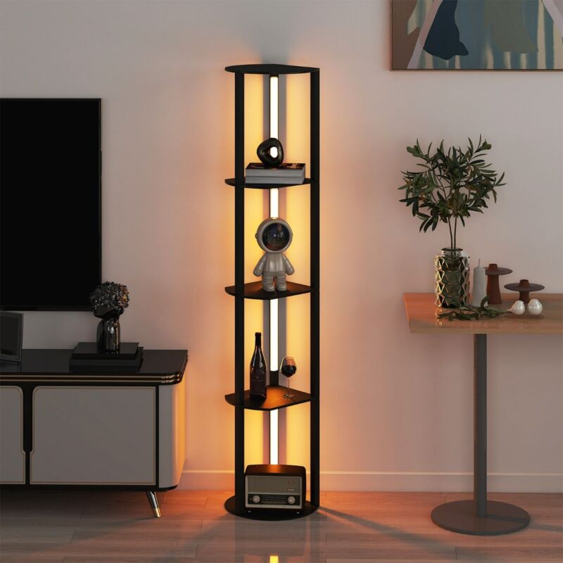 Lampe de Sol Moderne avec Étagère Meuble de Rangement en Bois avec 4 Bandes LED Rotatives Luminosité Réglable sur 3 Niveaux Noir