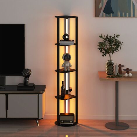 Lampe de Sol Moderne avec Étagère Meuble de Rangement en Bois avec 4 Bandes LED Rotatives Luminosité Réglable sur 3 Niveaux Noir