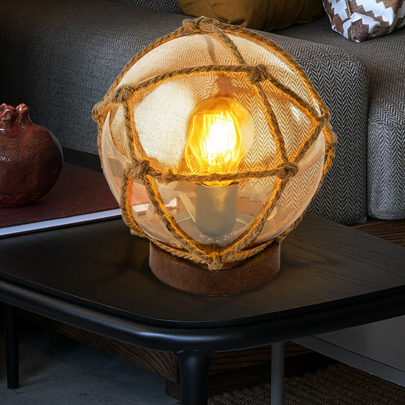 Etc-shop - Lampe de table de nuit de couleur rouille en forme de boule avec des spots en verre en filet de corde de chanvre dans un ensemble