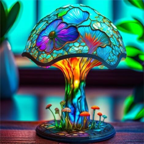 LIFCAUSAL Lampe de table à LED en forme de champignon de 5,9 pouces, style vintage, lampe de table en verre teinté, lampe de chevet colorée en forme de champignon pour chambre à coucher, salon, salle de lecture