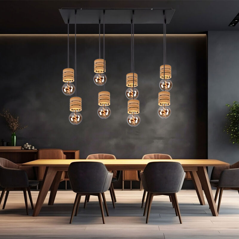 Lampe de table à manger suspension en bois suspension table à manger bois lampes en bois plafond suspendu, métal mdf noir, 8x douille E27, Lxlxh 98 x