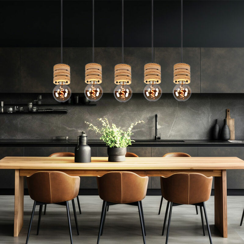 Lampe de table à manger suspension en bois suspension table à manger bois lampes en bois suspendu plafond, métal mdf noir, 5x douille E27, Lxlxh