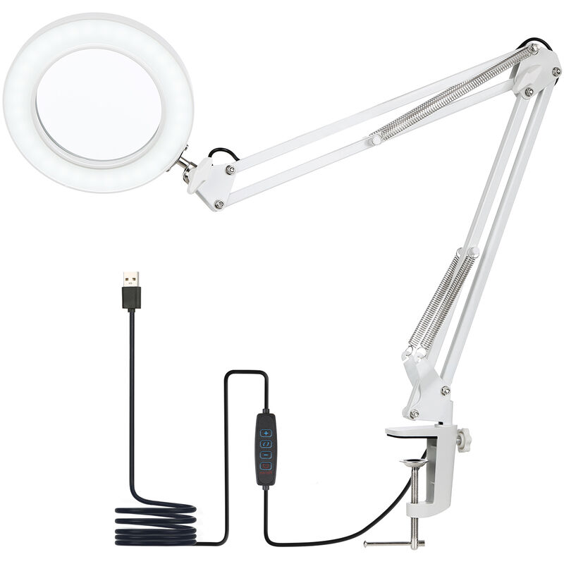 Lampe de table à pince, lampe de bureau, avec loupe 8x, bras pivotant, LED à intensité variable, 3 modes de couleur, 10 niveaux de luminosité