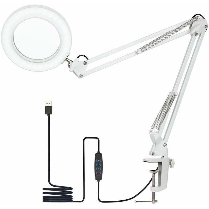 Lampe de table à pince, lampe de bureau, avec loupe 8x, bras pivotant, led à intensité variable, 3 modes de couleur, 10 niveaux de luminosité
