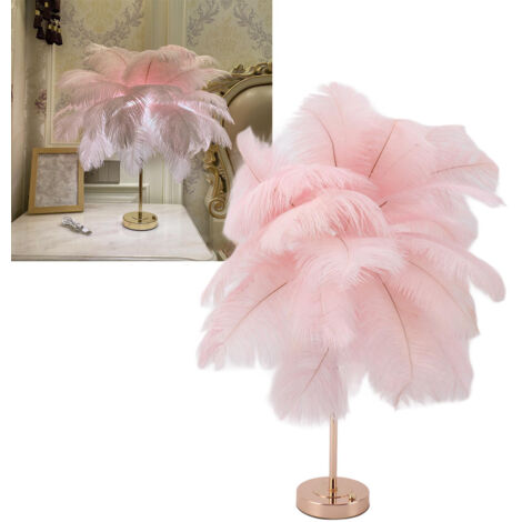 Lampe de Table à Plumes, Créatif Rose Autruche Plume Lampe De Table, Lampe de Bureau à Gradation 3 Couleurs avec Base en Métal doré