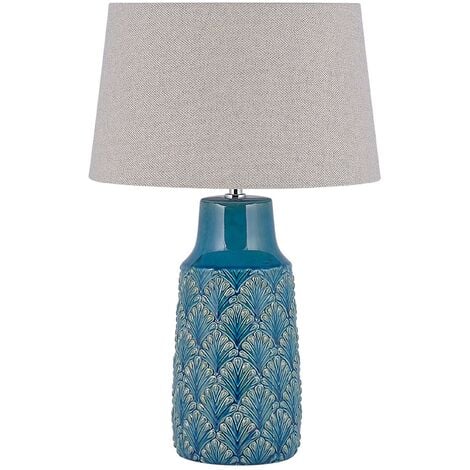 Lampe de Table à Poser avec Pied Déco en Céramique Bleue et Abat-jour Gris E27 Max 40W Éclairage Idéal pour Salon Classique Beliani