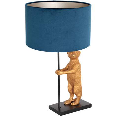 Lampe de table abat-jour lampe suricate doré textile bleu noir