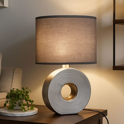 Lampe de table argentée Lampe d'appoint Lampe de chevet ovale Tissu anthracite blanc Lampe de lecture, céramique, 1x douille E14, LxlxH 23x13x38 cm