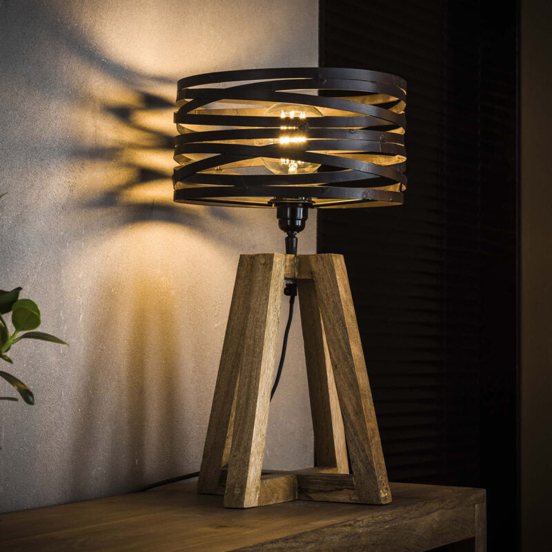 Lampe de table avec abat-jour en métal et piètement bois - amp