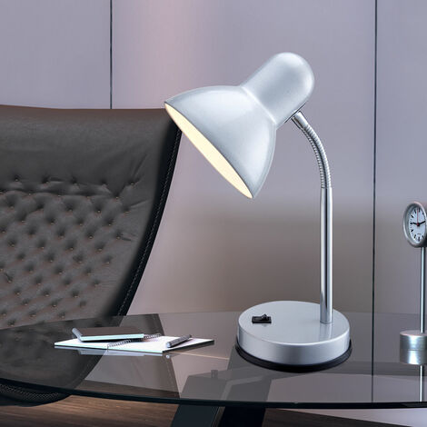 Lampe de table avec interrupteur à bascule lampe de bureau argentée bras flexo lampe de table chrome chambre, 1x douille E27, DxH 13x33 cm