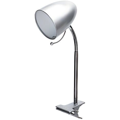 Lampe de table avec pince en métal argenté, col flexible, culot E27 (ampoule non incluse).