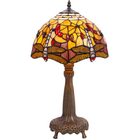 Lampe de table base en forme avec abat-jour libellules jaunes Tiffany diamètre 30cm Série Compact