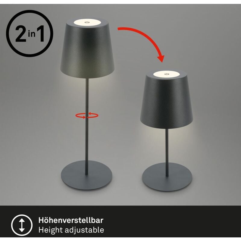B.k.licht - Briloner Lampe de table sans fil, tactile, hauteur réglable, batterie remplaçable, anthracite, dimensions : Ø36 x 10,5 cm