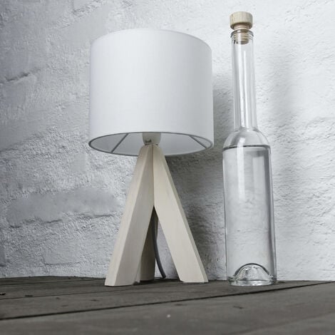 Lampe de table blanche pied bois tissu abat-jour 31 cm E27 - Bois, blanc - bois, blanc