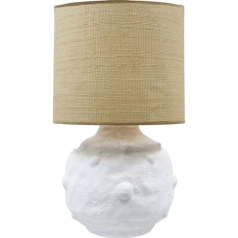Lampe de table blanche style raphia ambiance chaleureuse - blanc céramique et beige raphia