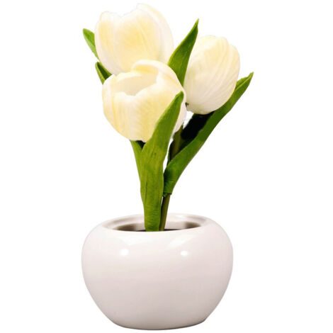 Lampe de Table Céramique Blanche avec Fleur PU - Lumière Douce pour Librairies et Cafés - Alimentation par Piles