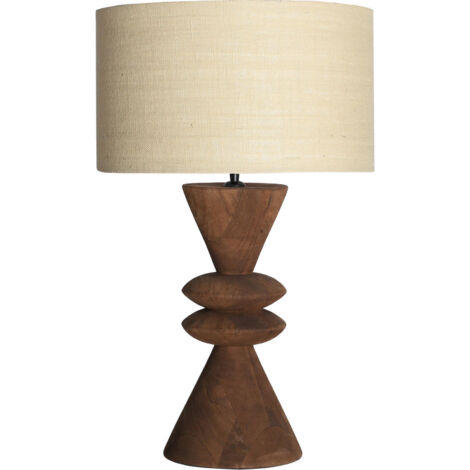 Lampe de table contemporaine en bois de manguier et lin beige - Marron bois de manguier et beige lin