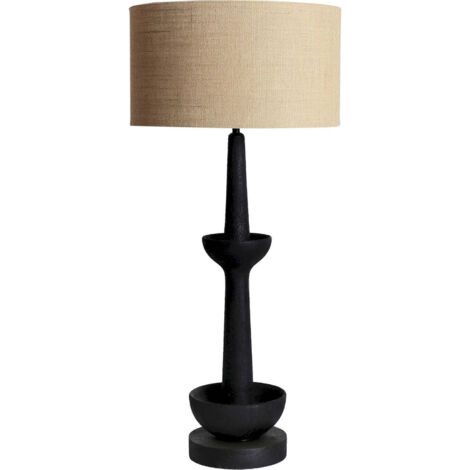 Lampe de table contemporaine en bois de manguier noir et coton beige - Noir bois de manguier et beige coton
