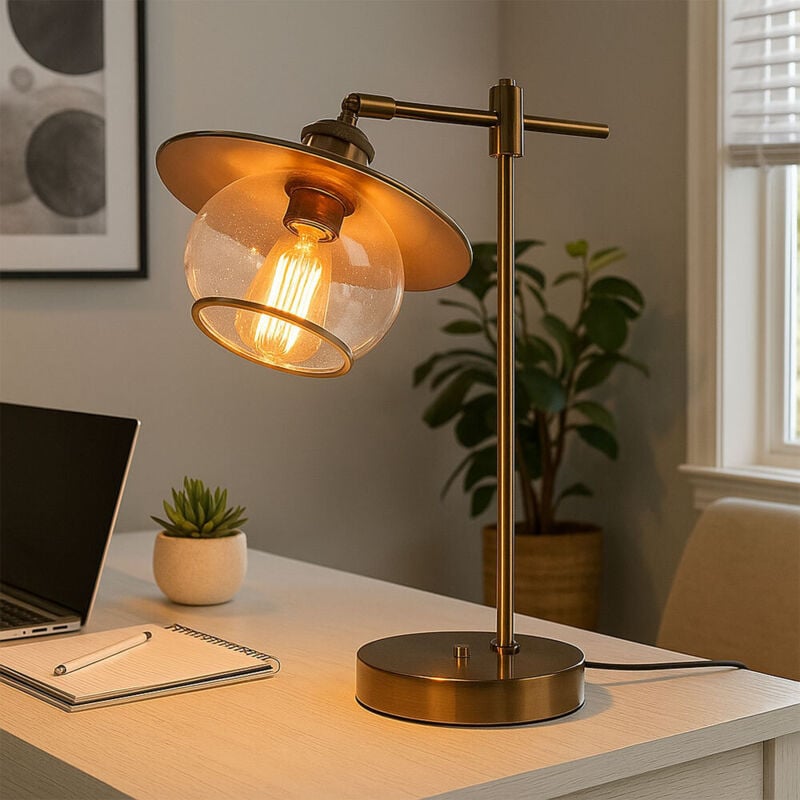 Lampe de table lampe de table lampe de bureau lampe de salon lampe de lecture, abat-jour en verre métal bronze, E27, h 42 cm