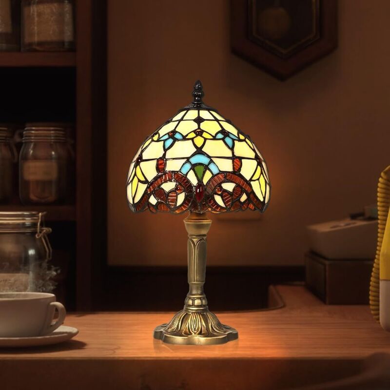 Lampe de table de style Tiffany, abat-jour de nuit en verre teinté fabriqué à la main, salon, barre de décoration de table méditerranéenne avec prise