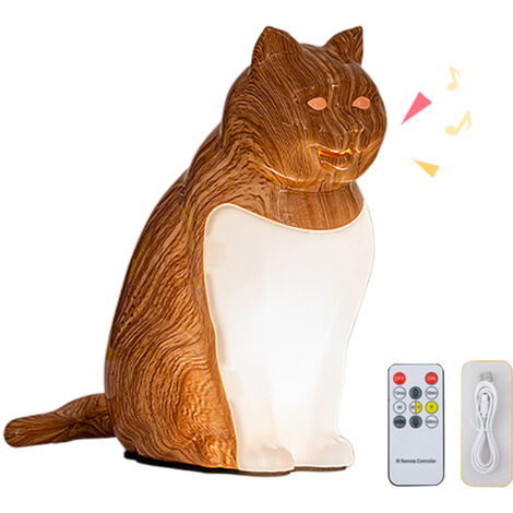 Lampe de Table Décorative USB Rechargeable en Figurine Chat - Aromathérapie avec Son - Nuit Lumière - Idée Cadeau (Grain Bois Érable)