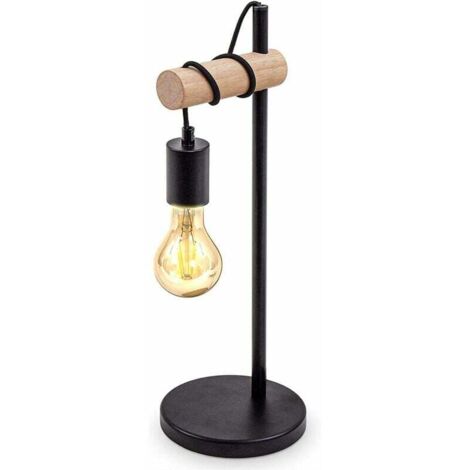 Lampe de Table, Design Rétro Lampe de Lecture, Bois & Métal, Éclairage du Bureau et de la Chambre, Lampe de Chevet, Pour Ampoule LED E27 10W Max (Non Incluse) (Noir)