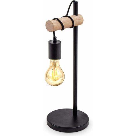 Lampe de table, design rétro lampe de lecture, bois & métal, Éclairage du bureau et de la chambre, lampe de chevet,pour ampoule LED E27 10W max (non incluse) (Noir)