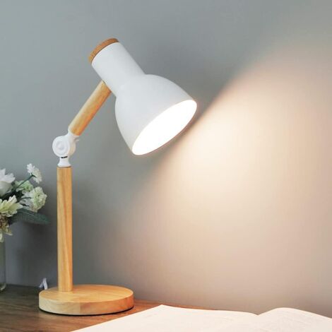 Lampe de table E27 Lampe de lecture LED au design classique en bois,lampe d'étude,lampe de table réglable,lampe à bras réglable, lampe de bureau, lampe de chevet - blanc [Classe énergétique A++]