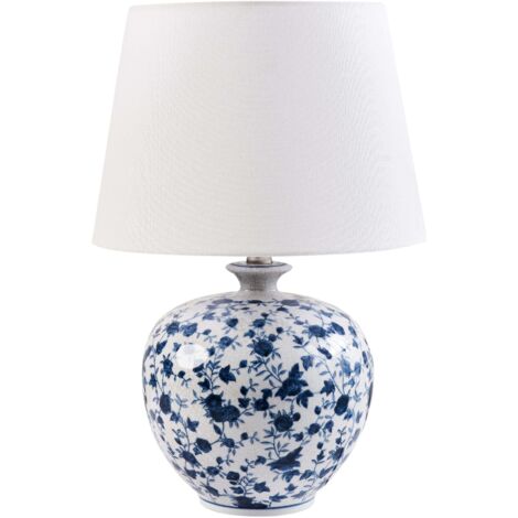 Lampe de Table Élégante avec Base en Porcelaine Motif Floral Abat-jour Cloche en Lin Blanc et Bleu Silves