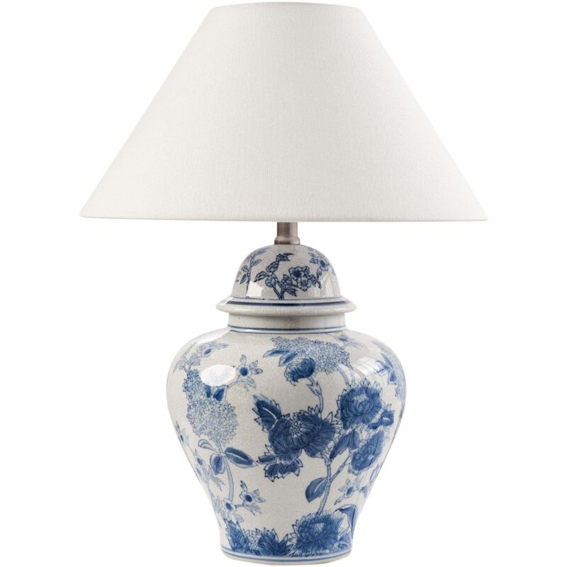 Beliani - Lampe de Table Élégante avec Base en Porcelaine Motif Floral Abat-jour Cloche en Lin Blanc et Bleu Sorraia