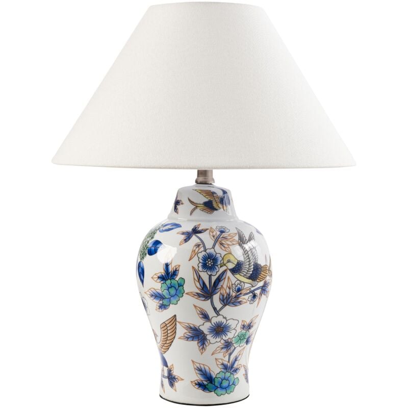 Lampe de Table Élégante avec Base en Porcelaine Motif Floral Abat-jour Cloche en Lin Blanc Moraca