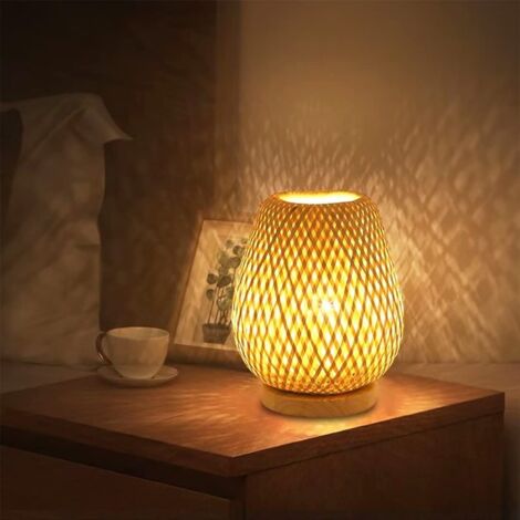 Lampe de table en bambou tressé, abat-jour en bambou, éclairage de table décoratif, veilleuse pour chambre, 23 x 38 cm