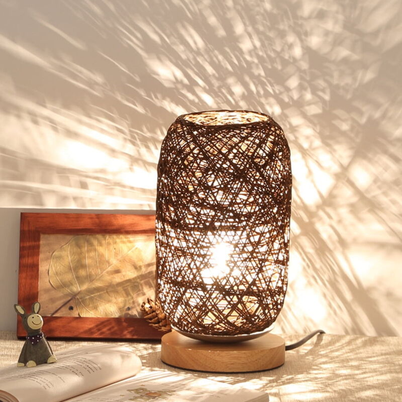 Lampe de table en bois et rotin avec boules de ficelle et décoration artistique pour la maison