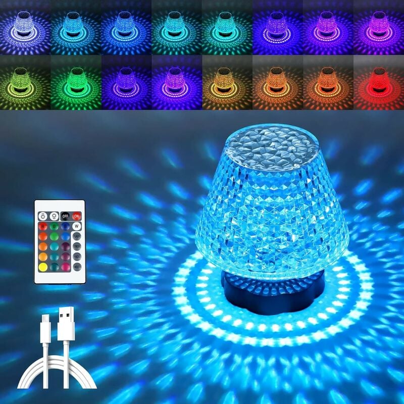 Kinsi - Lampe de Table en Cristal, Lampe de Chevet led rgb Sensible au Toucher,Lampe Nuit Tactile avec 16 Couleurs Changeantes