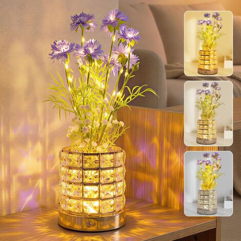 Lampe de table en forme de fleur de bleuet artificielle, 3 couleurs à intensité variable, lampe de bureau tactile sans fil, lampe de nuit avec vase en cristal pour décoration de maison, rendez-vous