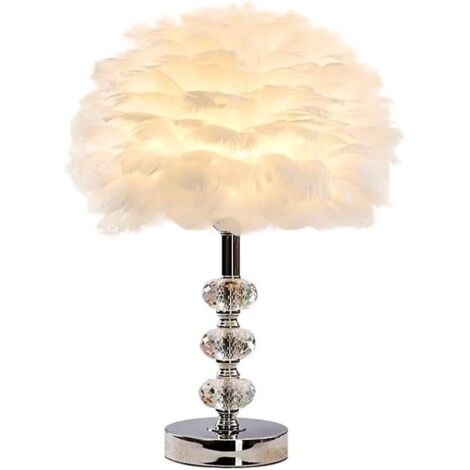 Lampe de table en plumes blanches avec base en tige de cristal, abat-jour en plumes élégant, lampe de table de chevet décorative, veilleuse pour chambre à coucher, salon