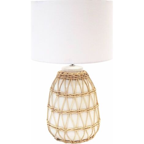 Lampe de table en rotin naturel et céramique blanche élégante - Blanc et rotin naturel