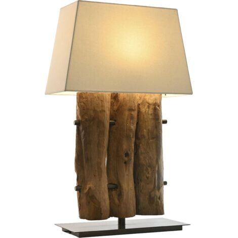 Lampe de table en teck et fer esprit artisanal fait main - Bois naturel et beige chaleureux