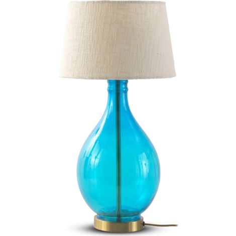 Lampe de table en verre bleu turquoise avec abat jour coton - Bleu turquoise et coton naturel