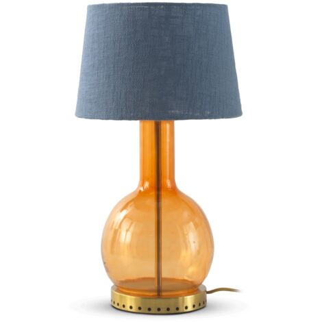 Lampe de table en verre orange avec abat-jour en coton bleu