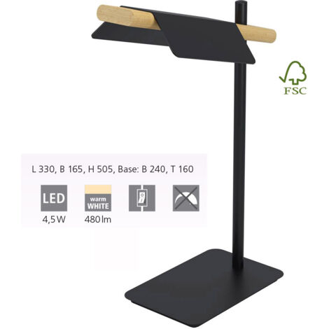 Lampe de table Ermua Noir, Brown Blanc L: 33 B: 16.5 H: 50.5cm avec commutateur de câble 3000k
