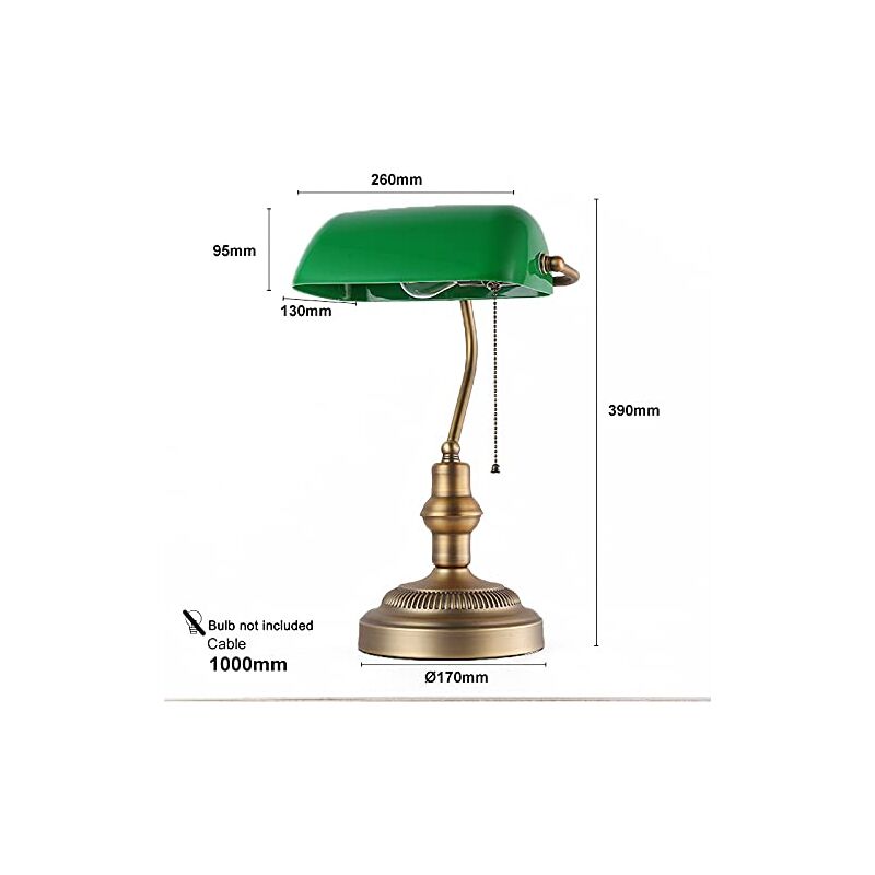 Lampe de Table et de Bureau Style Banquier Vintage Rétro avec Abat-jour Verre Vert et Laiton pour Ampoule E27 LED Salon Tête de lit Banquier