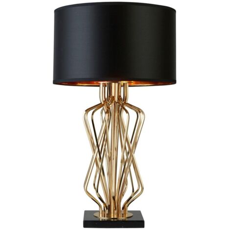 Lampe de table Ethan avec base en marbre, or avec abat-jour tambour noir, intérieur or