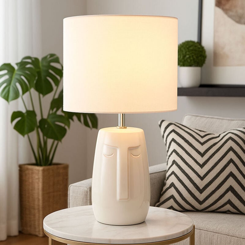 Lampe de table, lampe de chevet, lampe d'appoint, lampe de chambre, lampe de salon, abat-jour en tissu beige en céramique, blanc, 1x E14, h 39 cm
