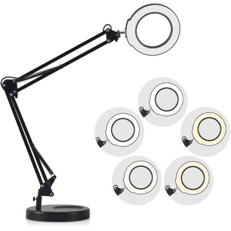 Lampe de table flexible à pince avec loupe 5x, bras pivotant, LED à intensité variable, lampe de bureau, 5 modes de couleur et niveaux de luminosité, lecture, travail, études.